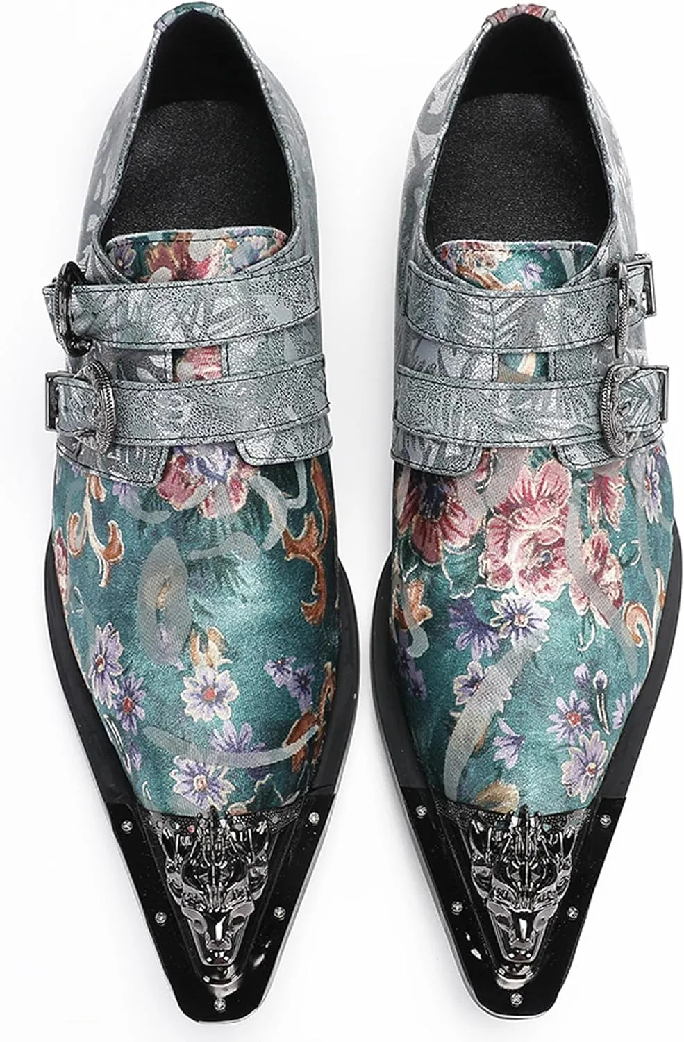 Men's Metal Tip Toe Loafers-Stylish Mens Dress Slip-Ons for Wedding, Party, Prom-Leather Casual Shoes with Double Buckle and Floral