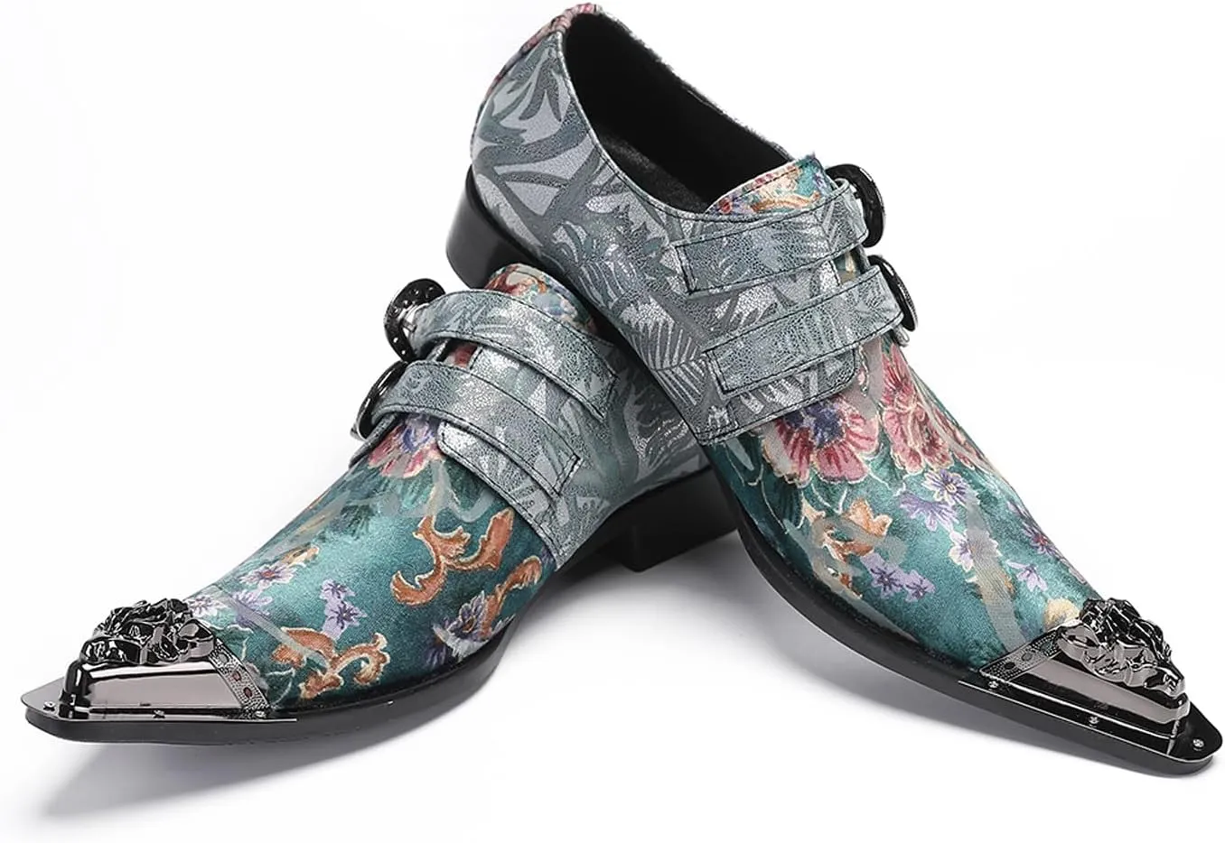 Men's Metal Tip Toe Loafers-Stylish Mens Dress Slip-Ons for Wedding, Party, Prom-Leather Casual Shoes with Double Buckle and Floral