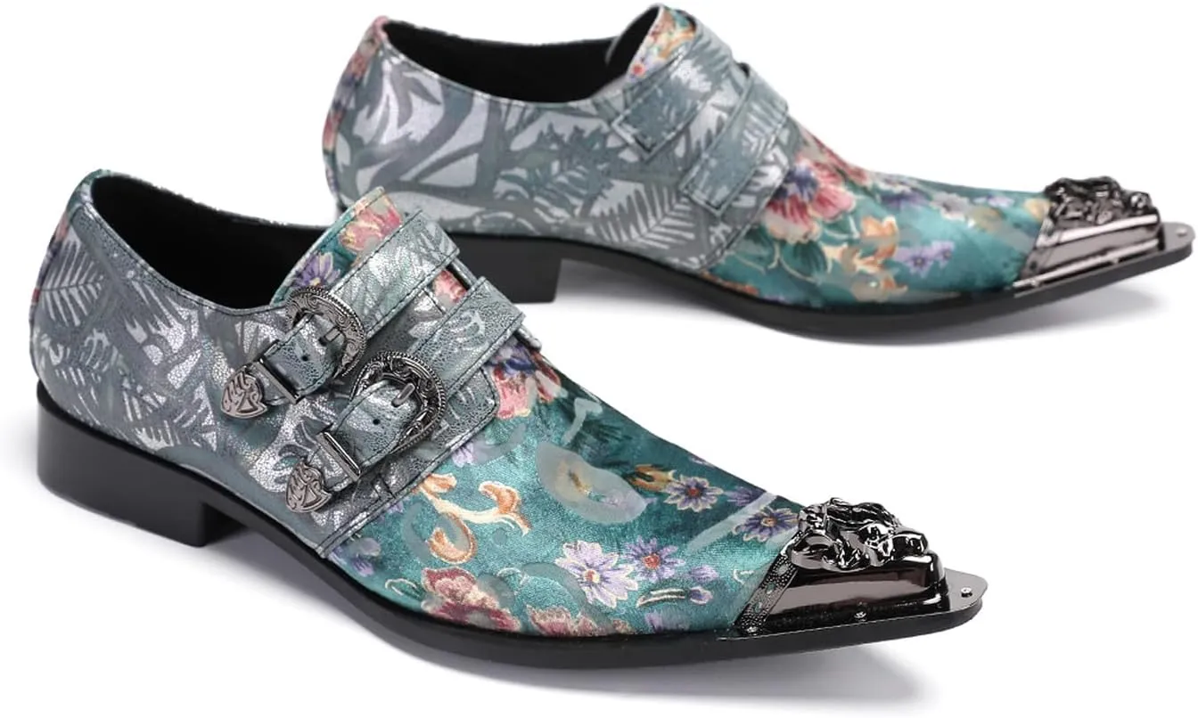 Men's Metal Tip Toe Loafers-Stylish Mens Dress Slip-Ons for Wedding, Party, Prom-Leather Casual Shoes with Double Buckle and Floral
