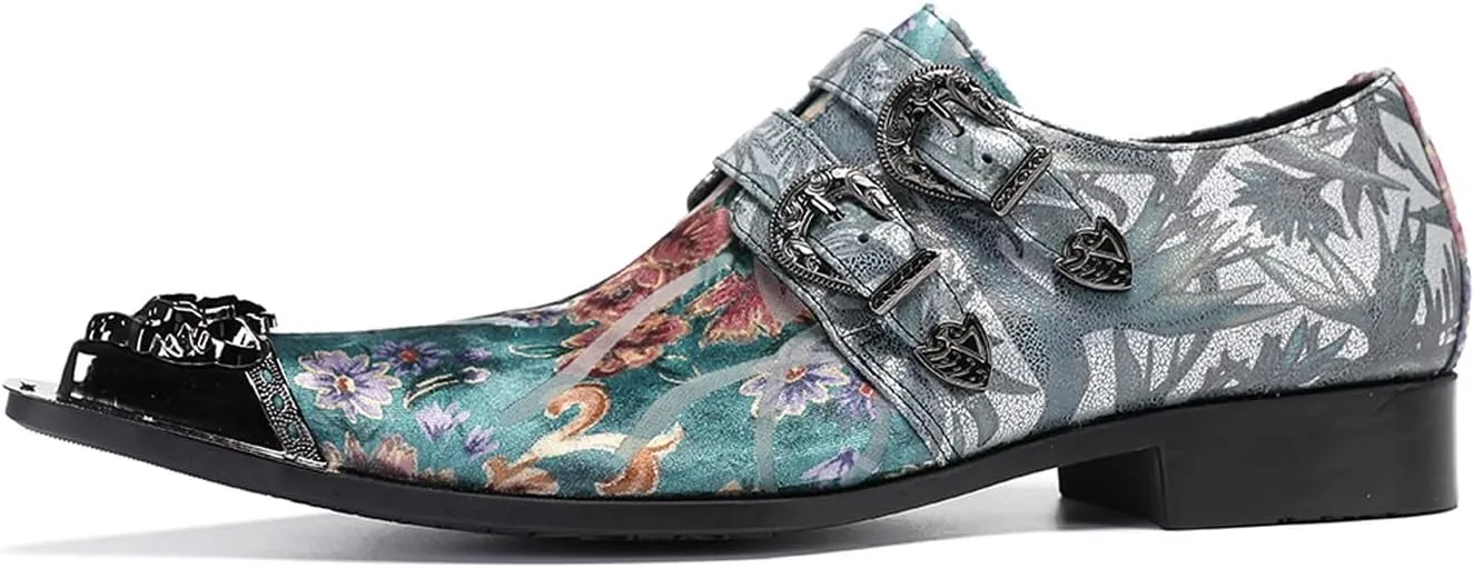 Men's Metal Tip Toe Loafers-Stylish Mens Dress Slip-Ons for Wedding, Party, Prom-Leather Casual Shoes with Double Buckle and Floral