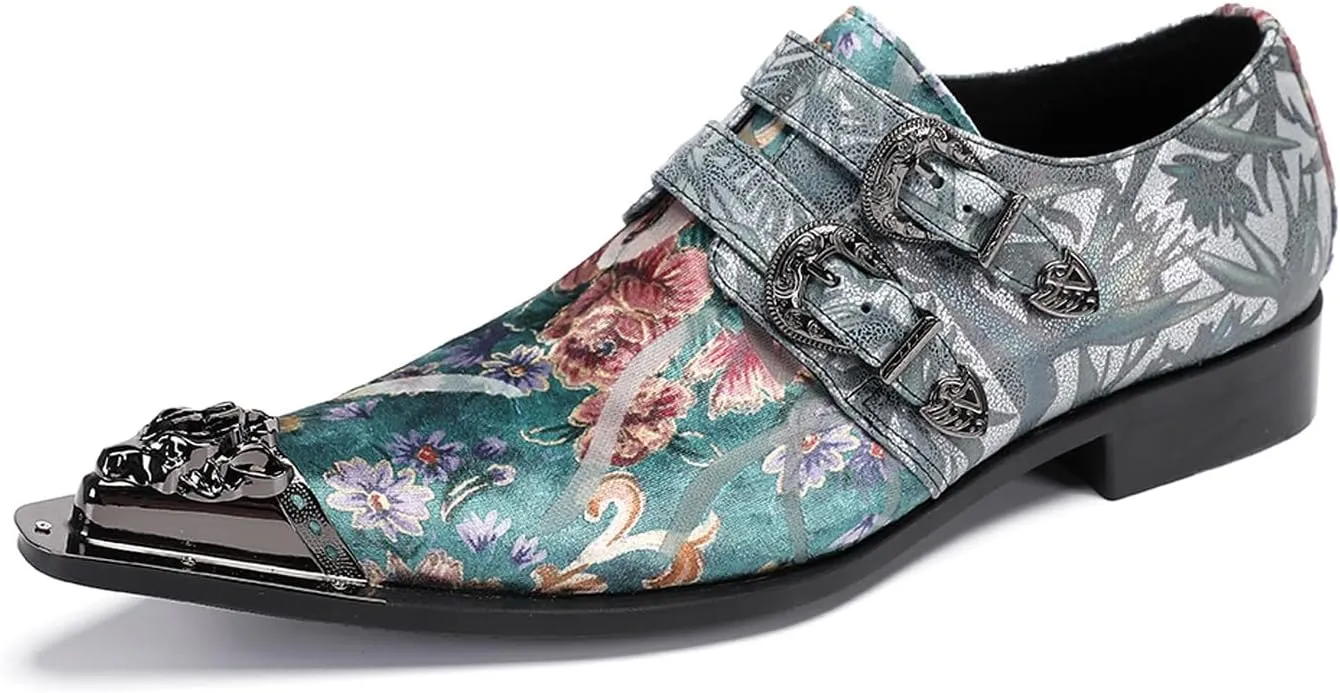 Men's Metal Tip Toe Loafers-Stylish Mens Dress Slip-Ons for Wedding, Party, Prom-Leather Casual Shoes with Double Buckle and Floral