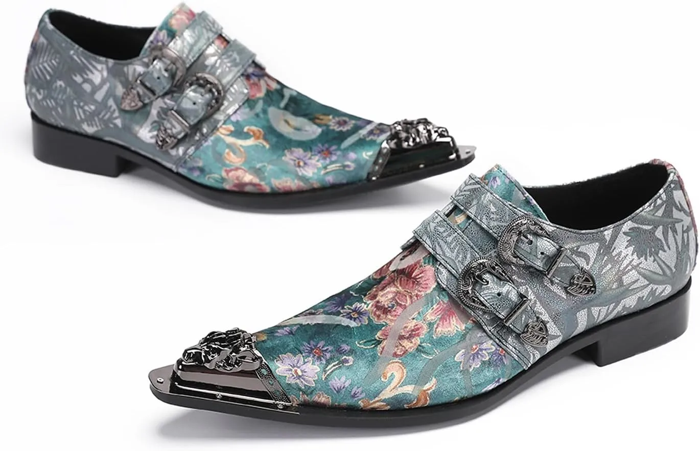 Men's Metal Tip Toe Loafers-Stylish Mens Dress Slip-Ons for Wedding, Party, Prom-Leather Casual Shoes with Double Buckle and Floral
