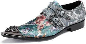 Men's Metal Tip Toe Loafers-Stylish Mens Dress Slip-Ons for Wedding, Party, Prom-Leather Casual Shoes with Double Buckle and Floral