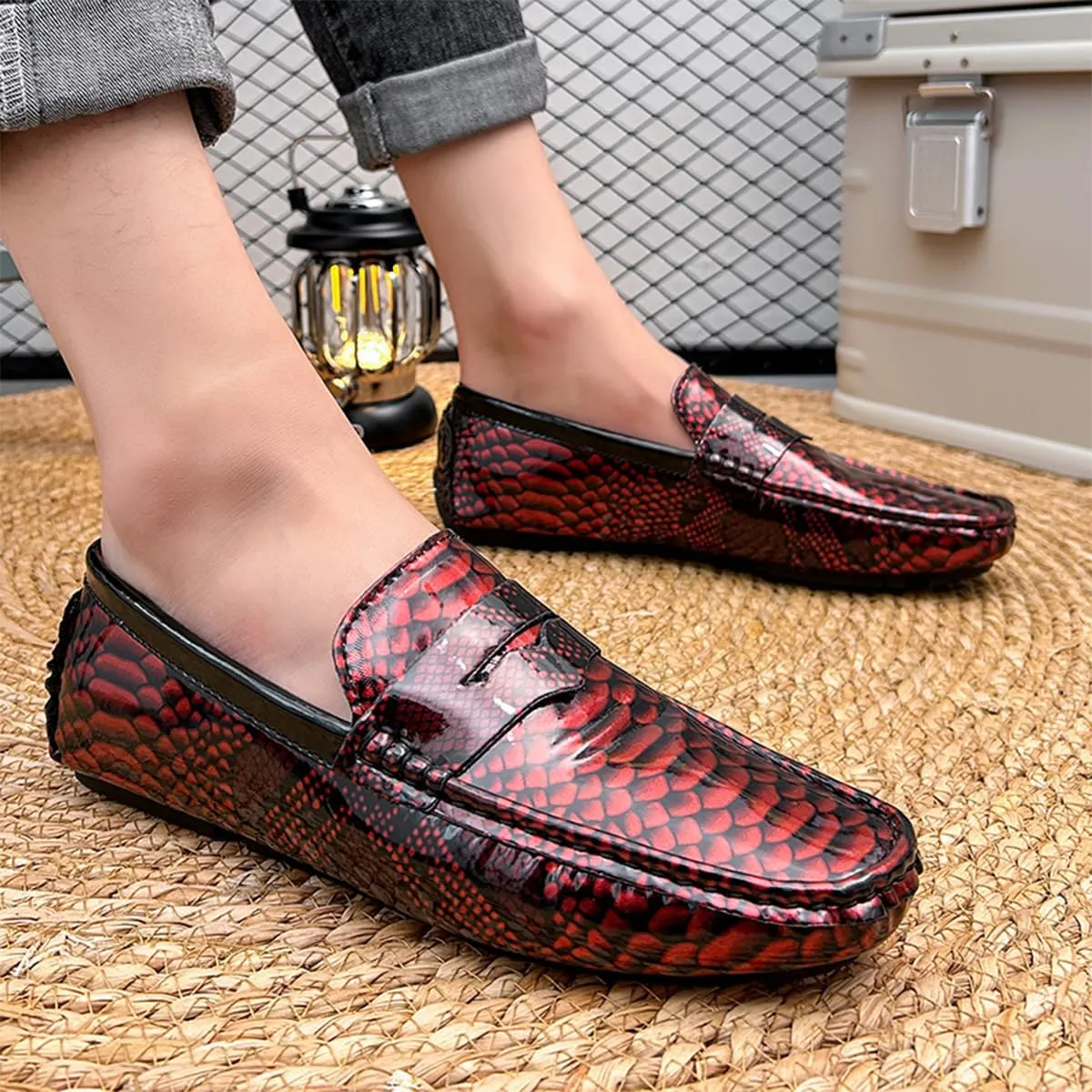 Men's Slip-On Flats Driving Loafers with Snake Print Outdoor Leather Shoes