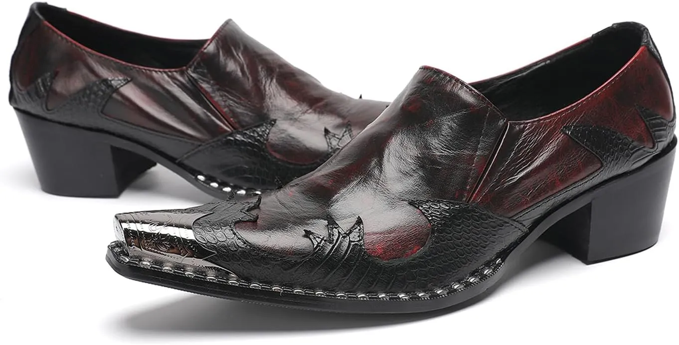 Men's Slip On Shoes Dress Casual Loafers with Metal Pointed Toe, Block Heel, Genuine Leather Two Tone Western Shoes for Office, Party, and Bar Wear