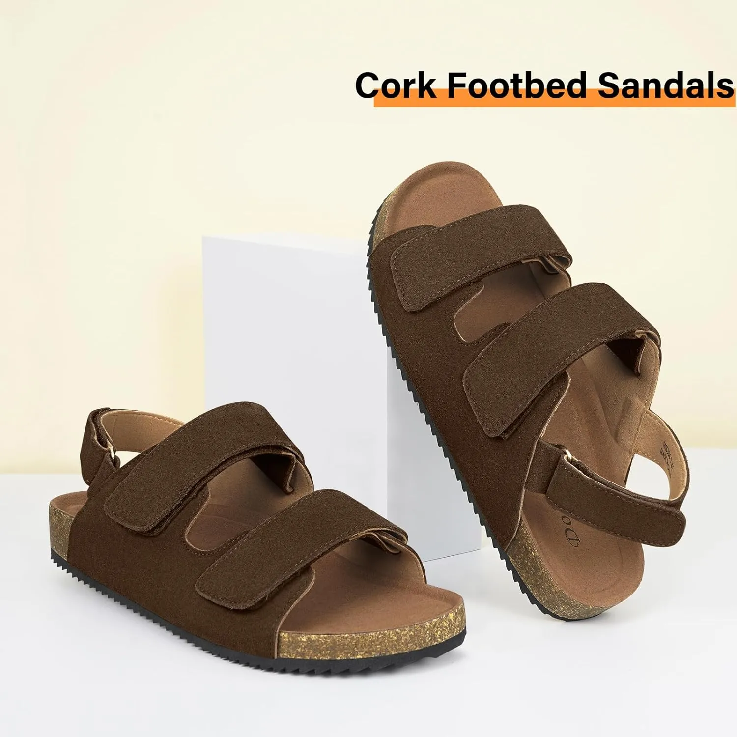 Mens Womens Cork Footbed Sandals Suede Leather Flat Sandals Arch Support Orthotic Summer Slip on Open Toe Outdoor Slide Shoes with Adjustable Double Strap & Back Strap