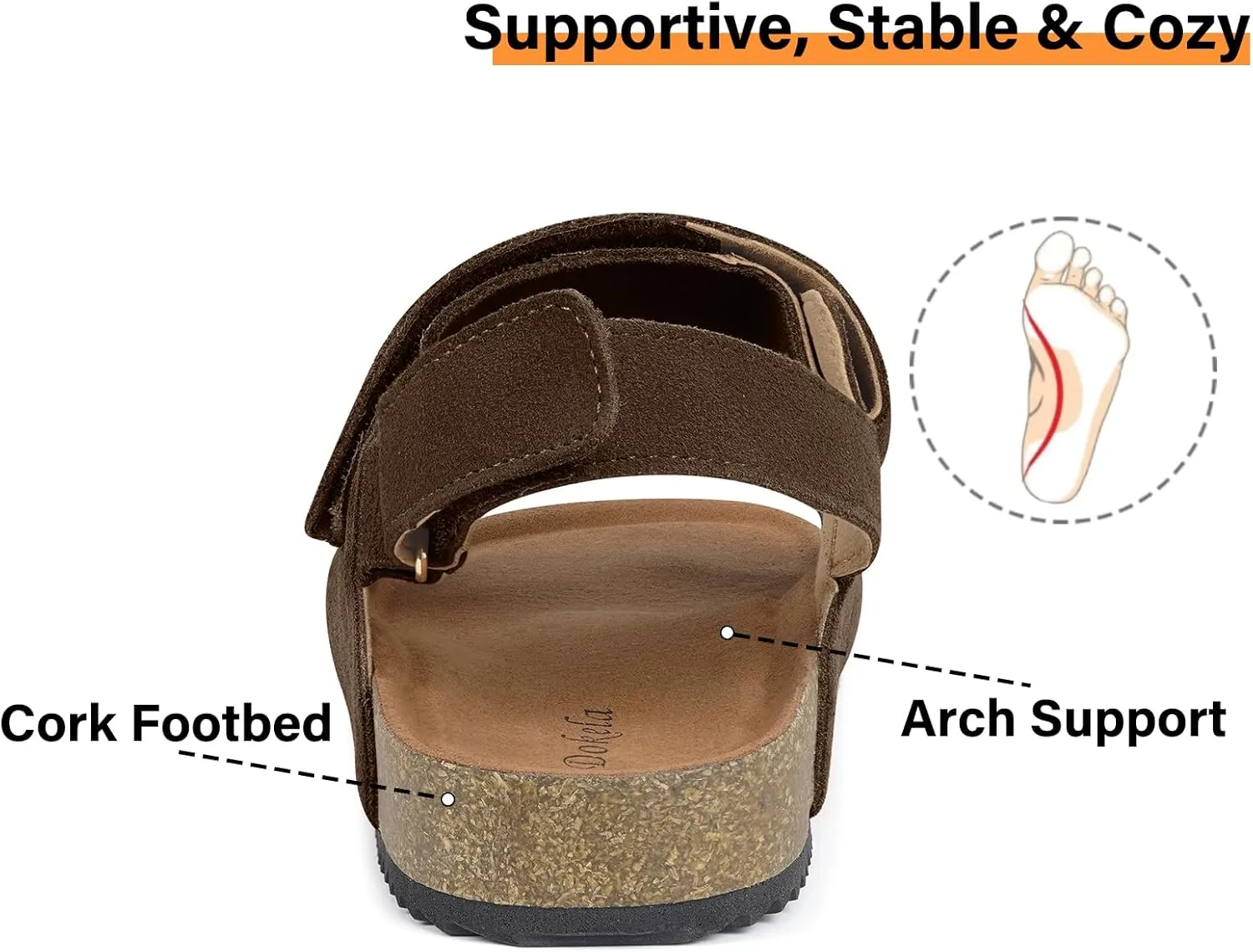 Mens Womens Cork Footbed Sandals Suede Leather Flat Sandals Arch Support Orthotic Summer Slip on Open Toe Outdoor Slide Shoes with Adjustable Double Strap & Back Strap