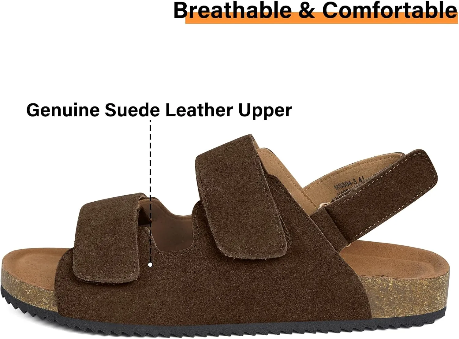 Mens Womens Cork Footbed Sandals Suede Leather Flat Sandals Arch Support Orthotic Summer Slip on Open Toe Outdoor Slide Shoes with Adjustable Double Strap & Back Strap