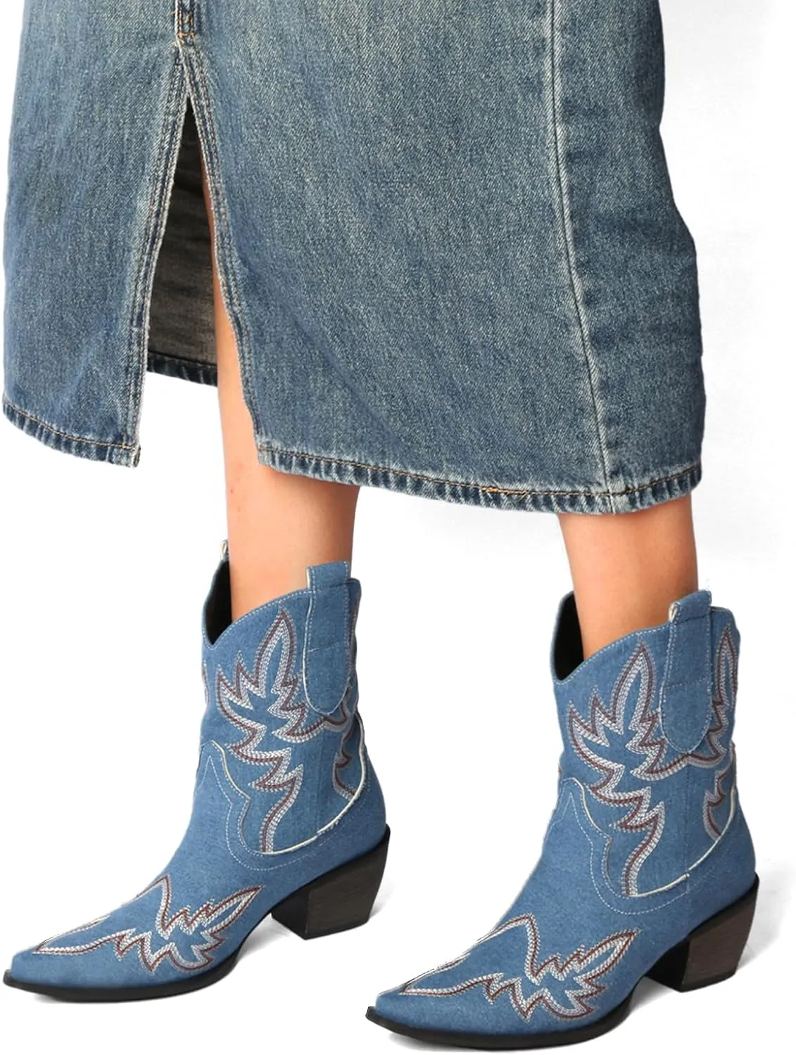 MEOTINA Black Ankle Boots for Women Short Cowboy Boot Wide Calf Cowgirl Booties Square Toe Ankle Western Bootie Concert Shoes