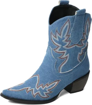 MEOTINA Black Ankle Boots for Women Short Cowboy Boot Wide Calf Cowgirl Booties Square Toe Ankle Western Bootie Concert Shoes