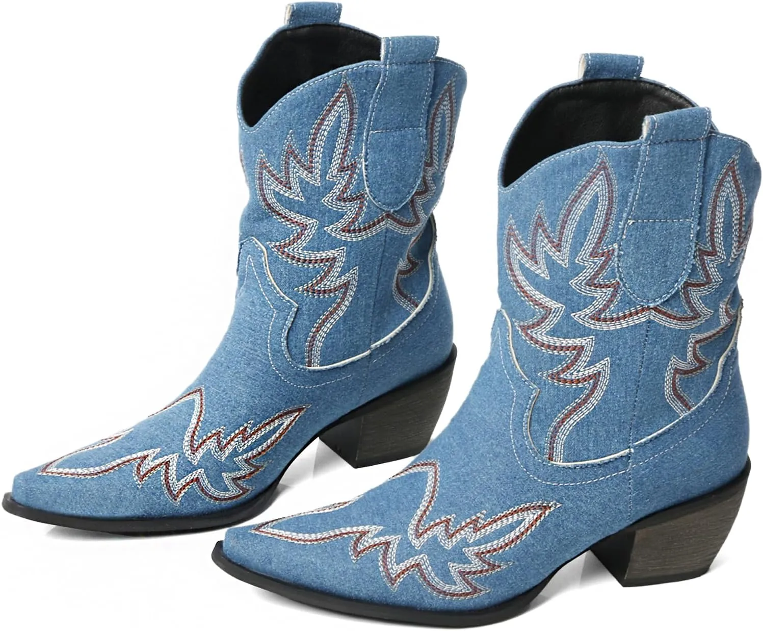 MEOTINA Black Ankle Boots for Women Short Cowboy Boot Wide Calf Cowgirl Booties Square Toe Ankle Western Bootie Concert Shoes