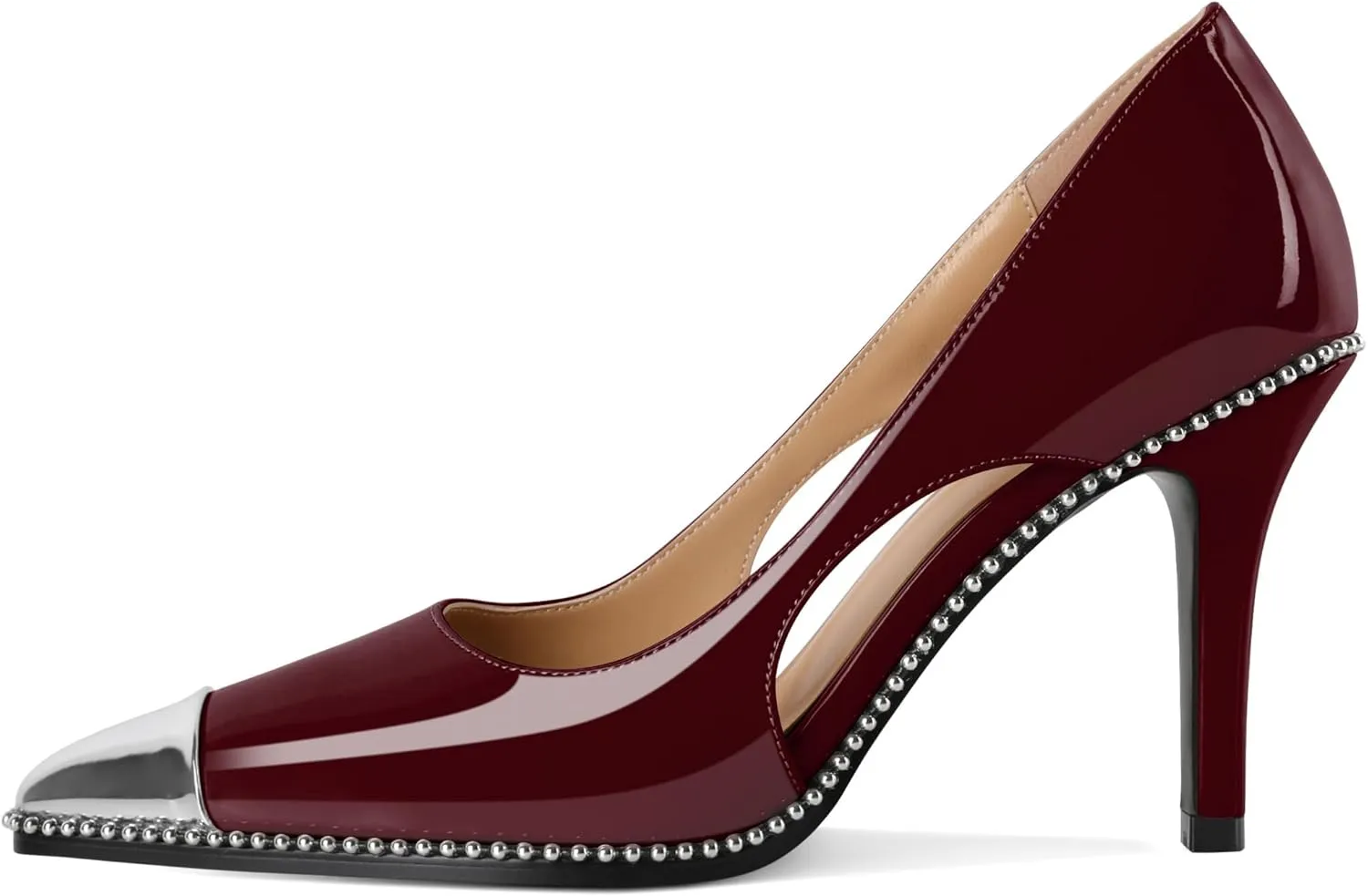 Mettesally Stiletto Heels Beaded Pumps for Women Sliver Cap Pointed Toe Pumps Sexy Cut Out High Heels for Women Dressy Causal 3.5 Inch