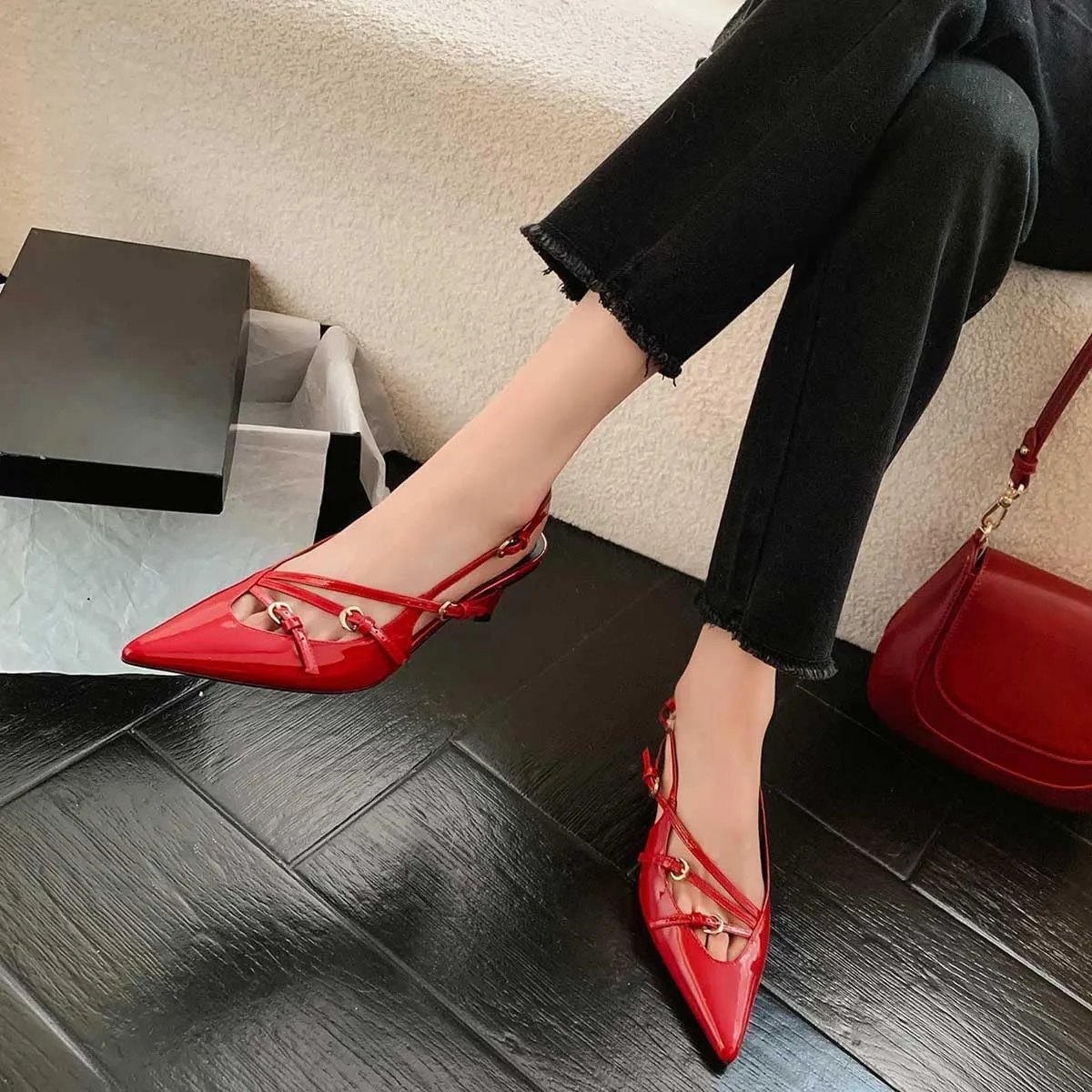 MICIFA Slingback Kitten Heels for Women Pointed Toe Stiletto Heels Slip On Pumps with Buckled Straps Dress Work Heeled Sandals