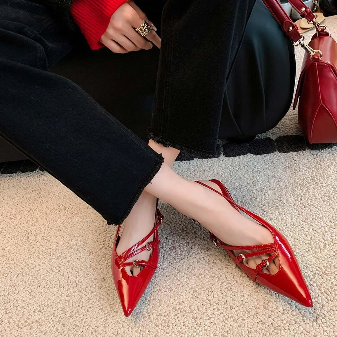 MICIFA Slingback Kitten Heels for Women Pointed Toe Stiletto Heels Slip On Pumps with Buckled Straps Dress Work Heeled Sandals