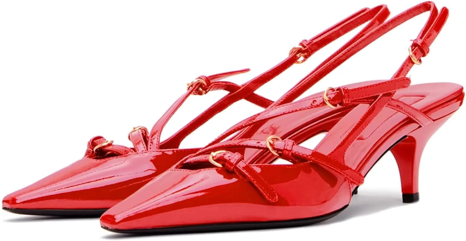 MICIFA Slingback Kitten Heels for Women Pointed Toe Stiletto Heels Slip On Pumps with Buckled Straps Dress Work Heeled Sandals
