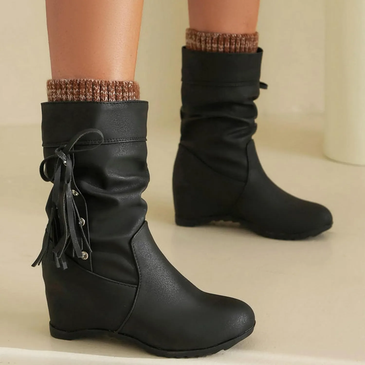 Mid Calf Booties for Women Fashion Office Leather Boots Almond Toe Western Cowgirl Cowboy Bootie Solid Casual Fall Short Boots