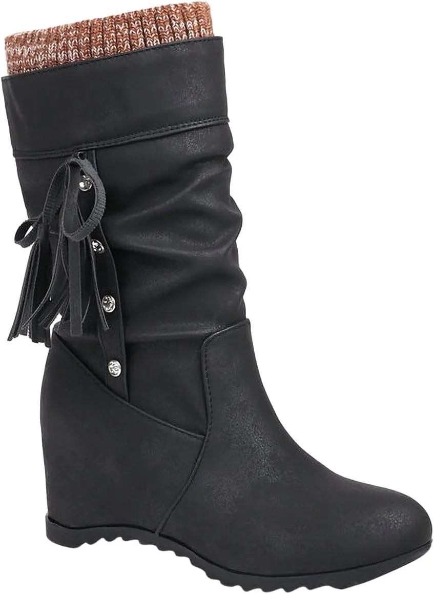 Mid Calf Booties for Women Fashion Office Leather Boots Almond Toe Western Cowgirl Cowboy Bootie Solid Casual Fall Short Boots