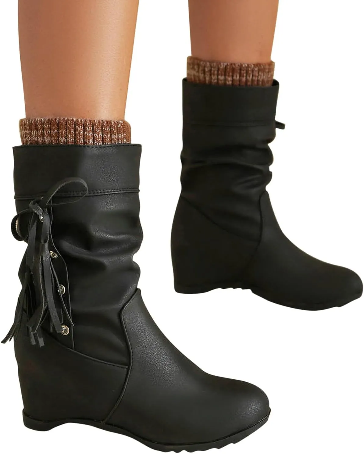 Mid Calf Booties for Women Fashion Office Leather Boots Almond Toe Western Cowgirl Cowboy Bootie Solid Casual Fall Short Boots