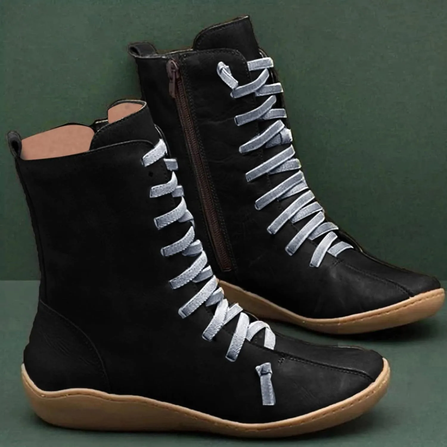 Mid Calf Boots for Women Flat Boots for Women Comfy Round Toe Lace up Flat Bottom Side Zipper Fashion Women Boots