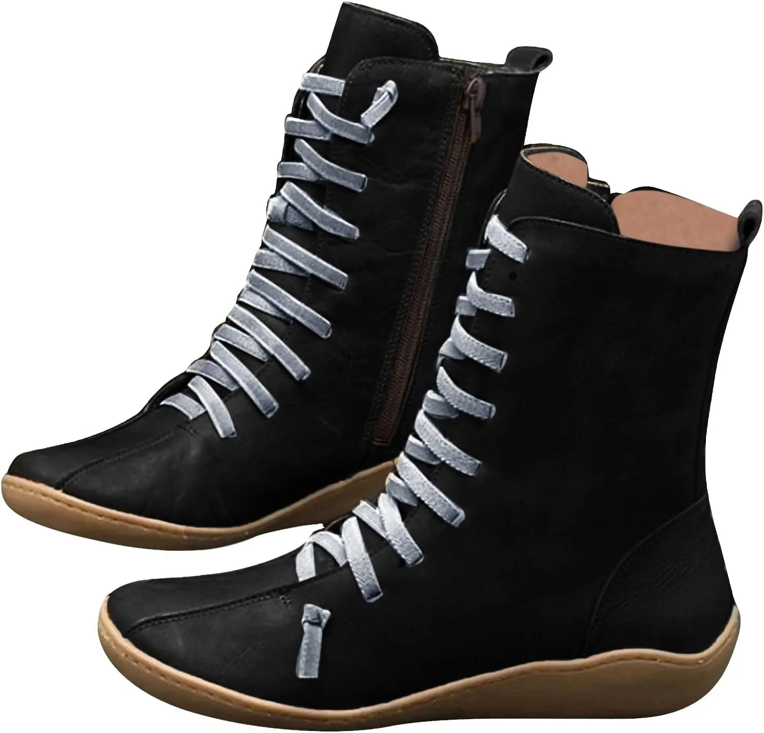 Mid Calf Boots for Women Flat Boots for Women Comfy Round Toe Lace up Flat Bottom Side Zipper Fashion Women Boots