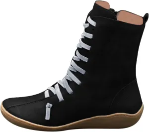 Mid Calf Boots for Women Flat Boots for Women Comfy Round Toe Lace up Flat Bottom Side Zipper Fashion Women Boots