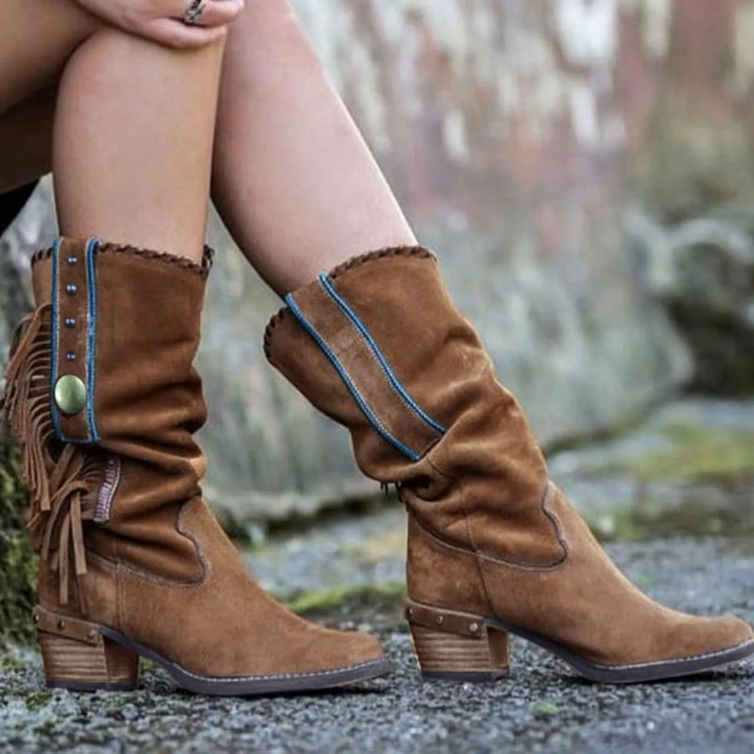 Mid Calf Boots for Women Vintage Slouchy Wide Calf Boots Fashion Tassel Western Booties Low Heels Casual Riding Shoes