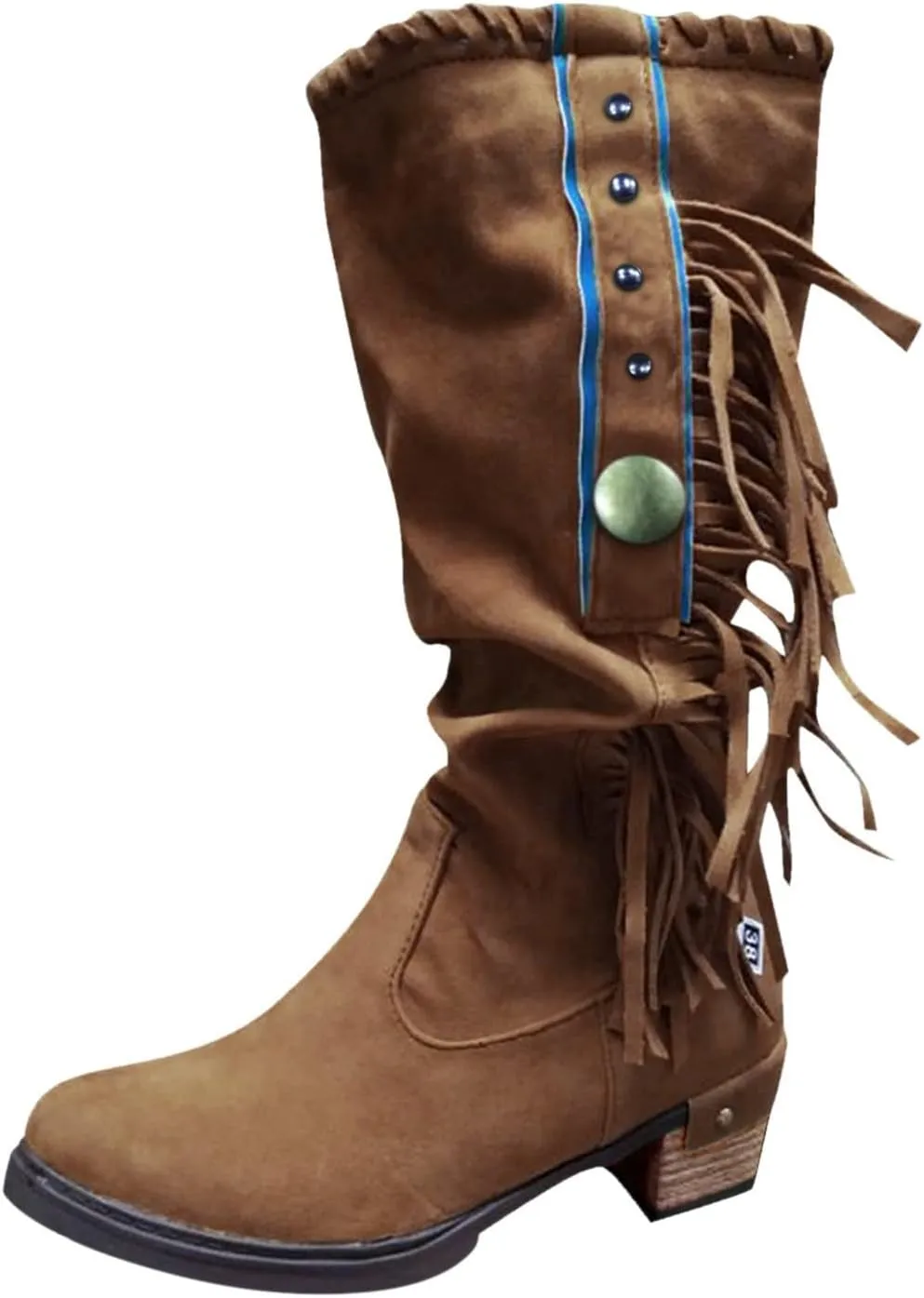 Mid Calf Boots for Women Vintage Slouchy Wide Calf Boots Fashion Tassel Western Booties Low Heels Casual Riding Shoes