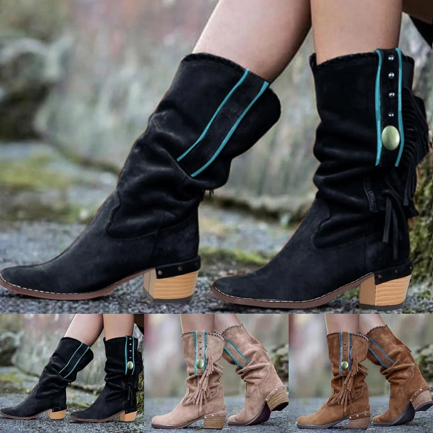 Mid Calf Boots for Women Vintage Slouchy Wide Calf Boots Fashion Tassel Western Booties Low Heels Casual Riding Shoes