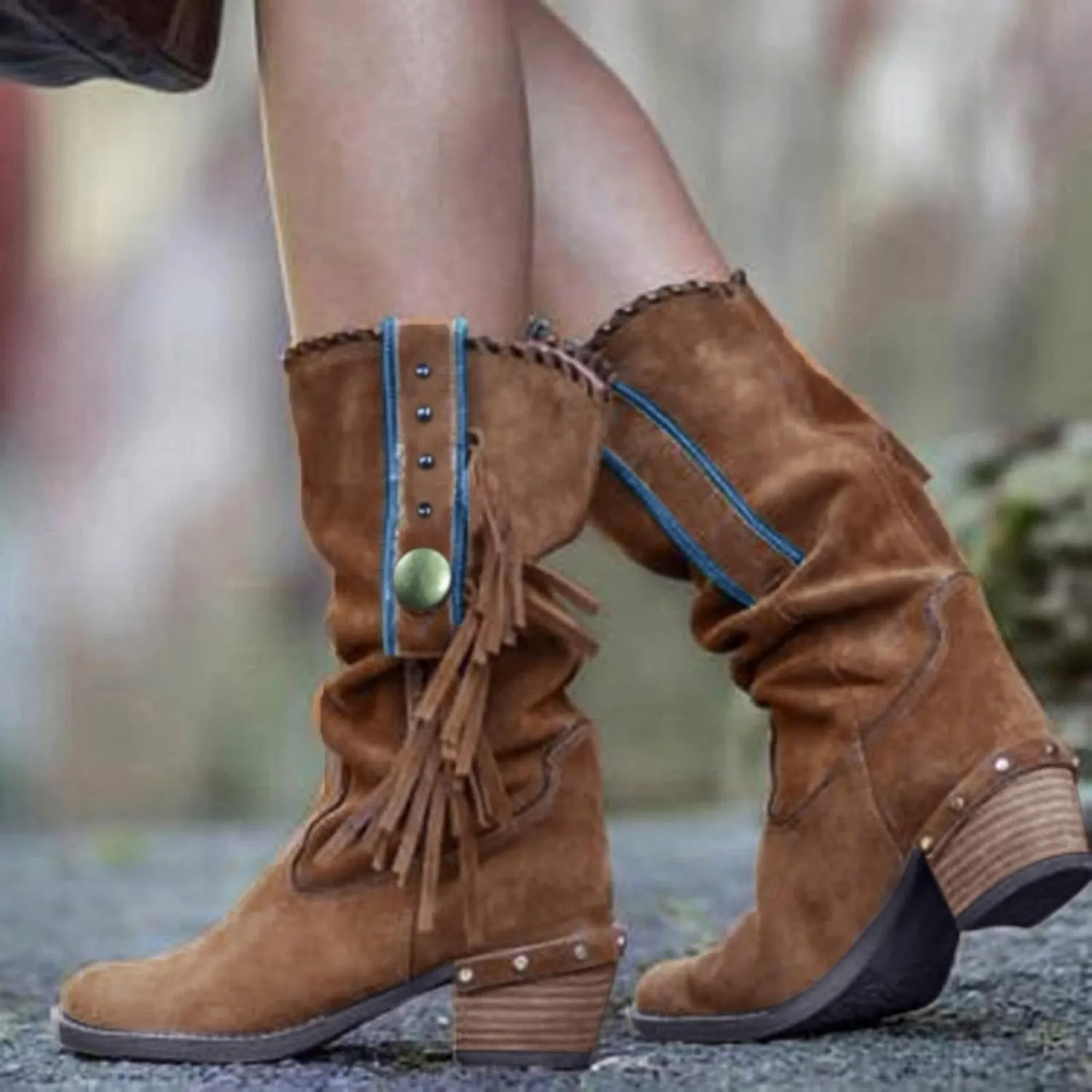 Mid Calf Boots for Women Vintage Slouchy Wide Calf Boots Fashion Tassel Western Booties Low Heels Casual Riding Shoes