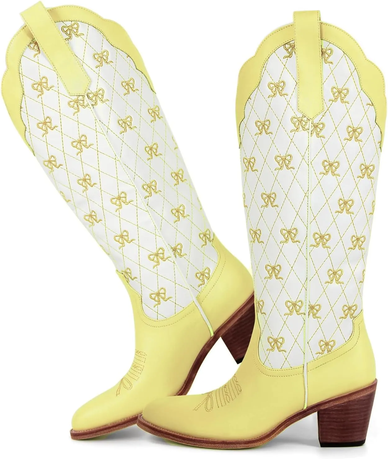 MissHeel Mini Bows Knee High Cowgirl Boots White Cowboy Boots for Women