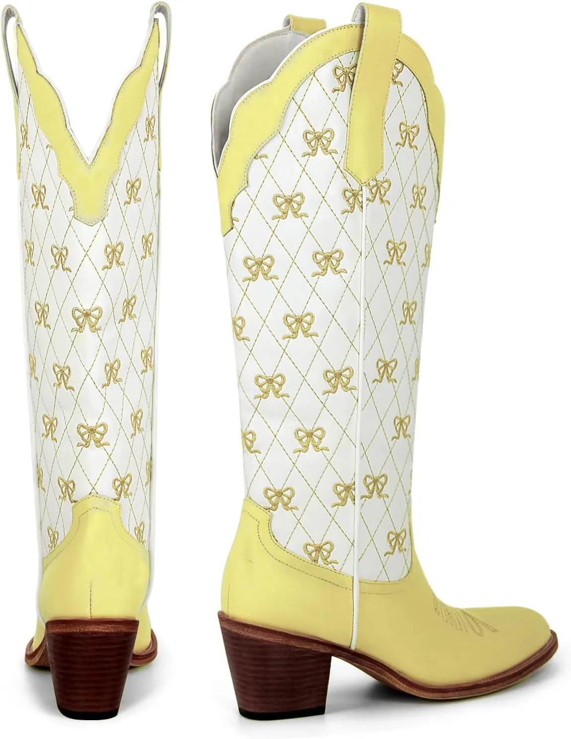 MissHeel Mini Bows Knee High Cowgirl Boots White Cowboy Boots for Women