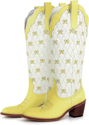 MissHeel Mini Bows Knee High Cowgirl Boots White Cowboy Boots for Women