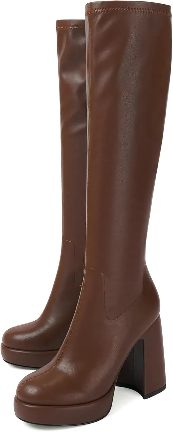 Modatope Platform Knee High Boots for Women Chunky Heel Rounded Toe Womens Knee High Boots Side Zipper Tall Boots