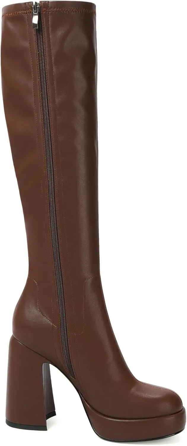 Modatope Platform Knee High Boots for Women Chunky Heel Rounded Toe Womens Knee High Boots Side Zipper Tall Boots