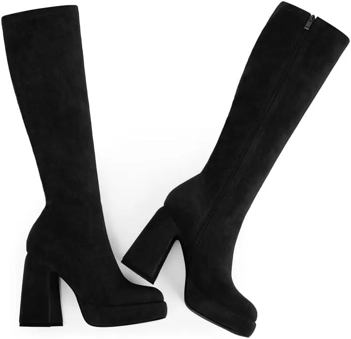 Modatope Platform Knee High Boots for Women Chunky Heel Rounded Toe Womens Knee High Boots Side Zipper Tall Boots