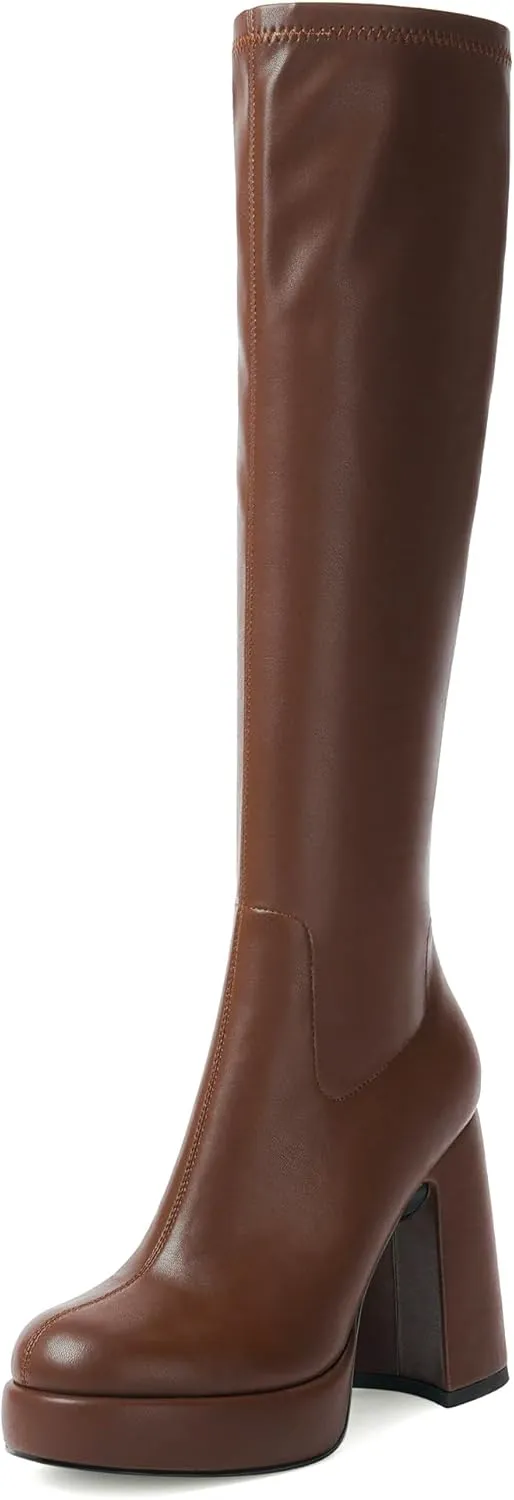 Modatope Platform Knee High Boots for Women Chunky Heel Rounded Toe Womens Knee High Boots Side Zipper Tall Boots