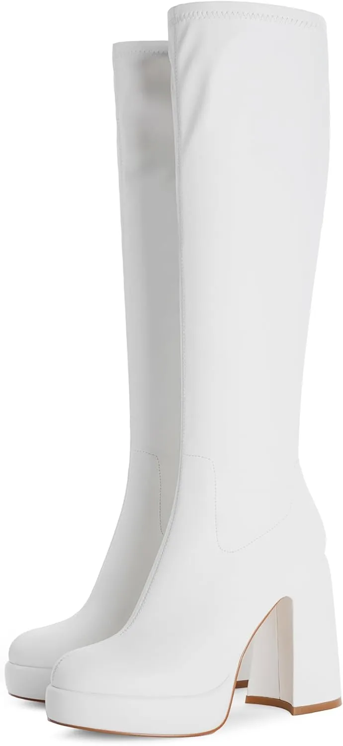 Modatope Platform Knee High Boots for Women Chunky Heel Rounded Toe Womens Knee High Boots Side Zipper Tall Boots