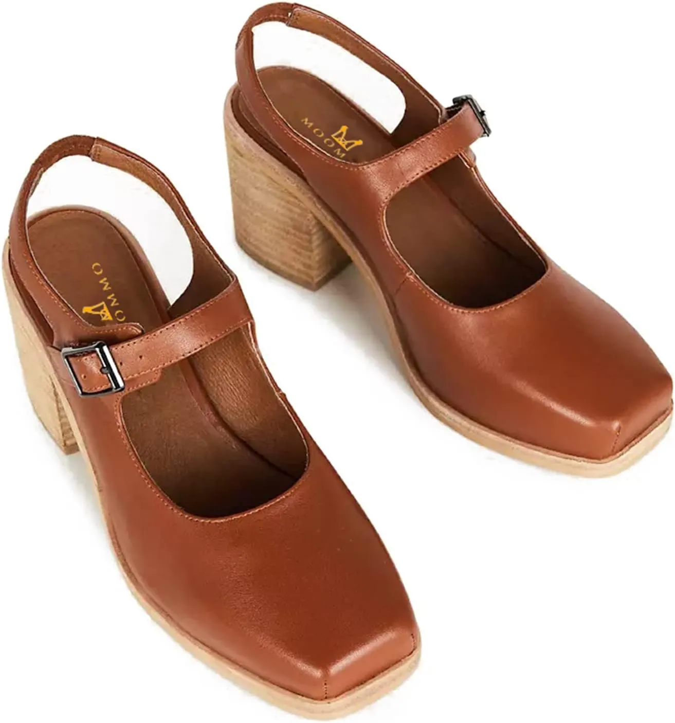 MOOMMO Women Block High Heel Slingback Mary Jane Pumps Platform Square Toe Ankle Buckle Strap Closed Toe Sandals 3 Inch Stacked Chunky Heel Dress Pumps Matte Vintage Comfy Office Daily 4-11 M US
