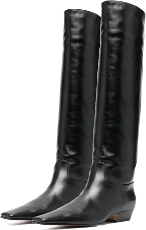 MOOMMO Women Flat Heel Knee High Boots Square Toe Pull On Long Boots Suede Slouch Low Heel Dress Boots Wide Calf Pleated Knee High Tall Boots Comfort Vintage Casual Walking Party 4-11 M US