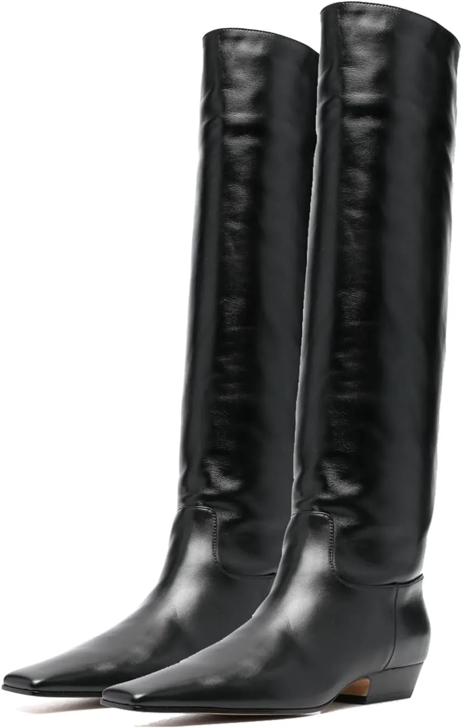 MOOMMO Women Flat Heel Knee High Boots Square Toe Pull On Long Boots Suede Slouch Low Heel Dress Boots Wide Calf Pleated Knee High Tall Boots Comfort Vintage Casual Walking Party 4-11 M US