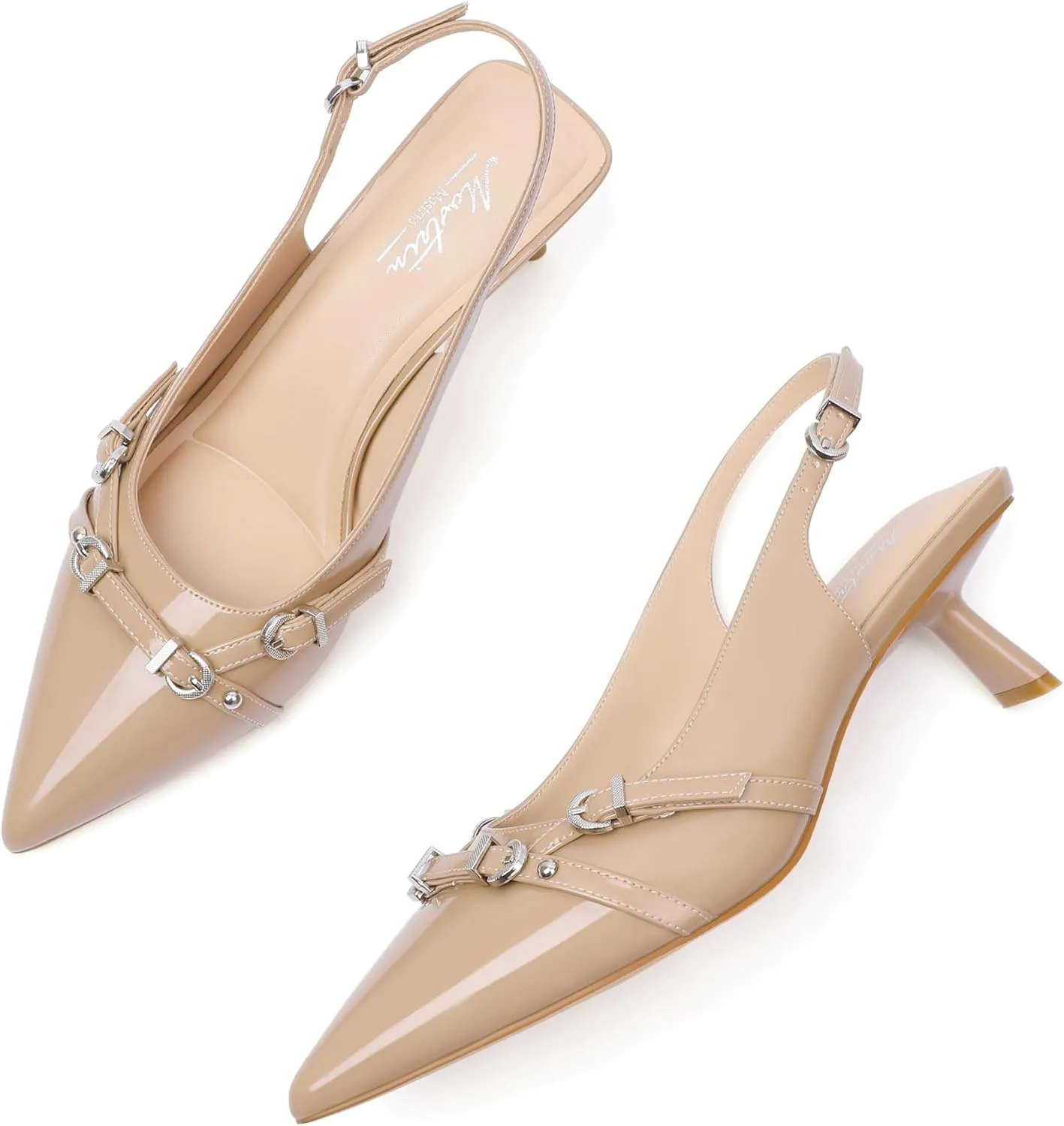 Mostrin Kitten Heels for Women Pointed Toe Pumps Patent Leather Low Heel Slingback Heels with Buckle Dress Shoes for Dating Party Working