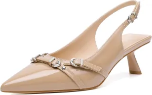 Mostrin Kitten Heels for Women Pointed Toe Pumps Patent Leather Low Heel Slingback Heels with Buckle Dress Shoes for Dating Party Working