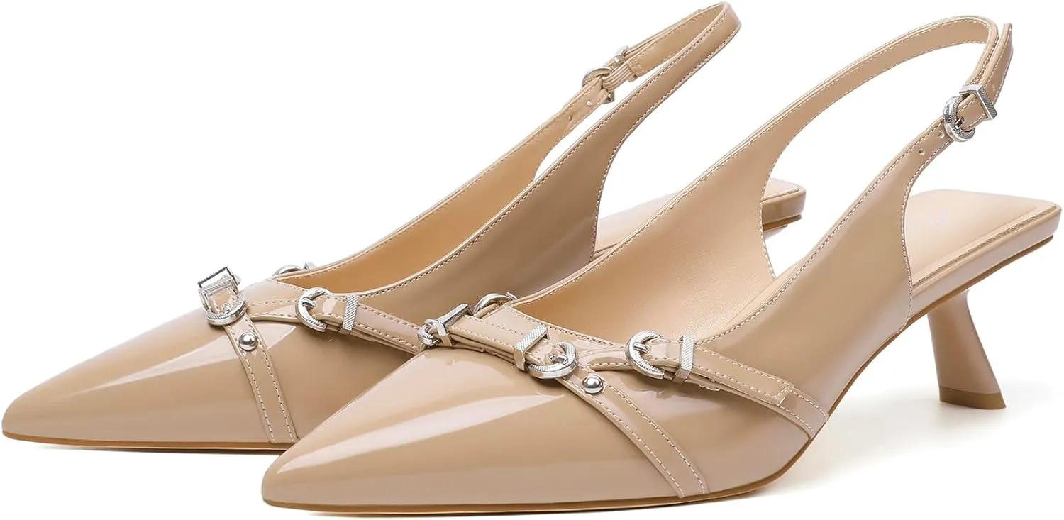 Mostrin Kitten Heels for Women Pointed Toe Pumps Patent Leather Low Heel Slingback Heels with Buckle Dress Shoes for Dating Party Working