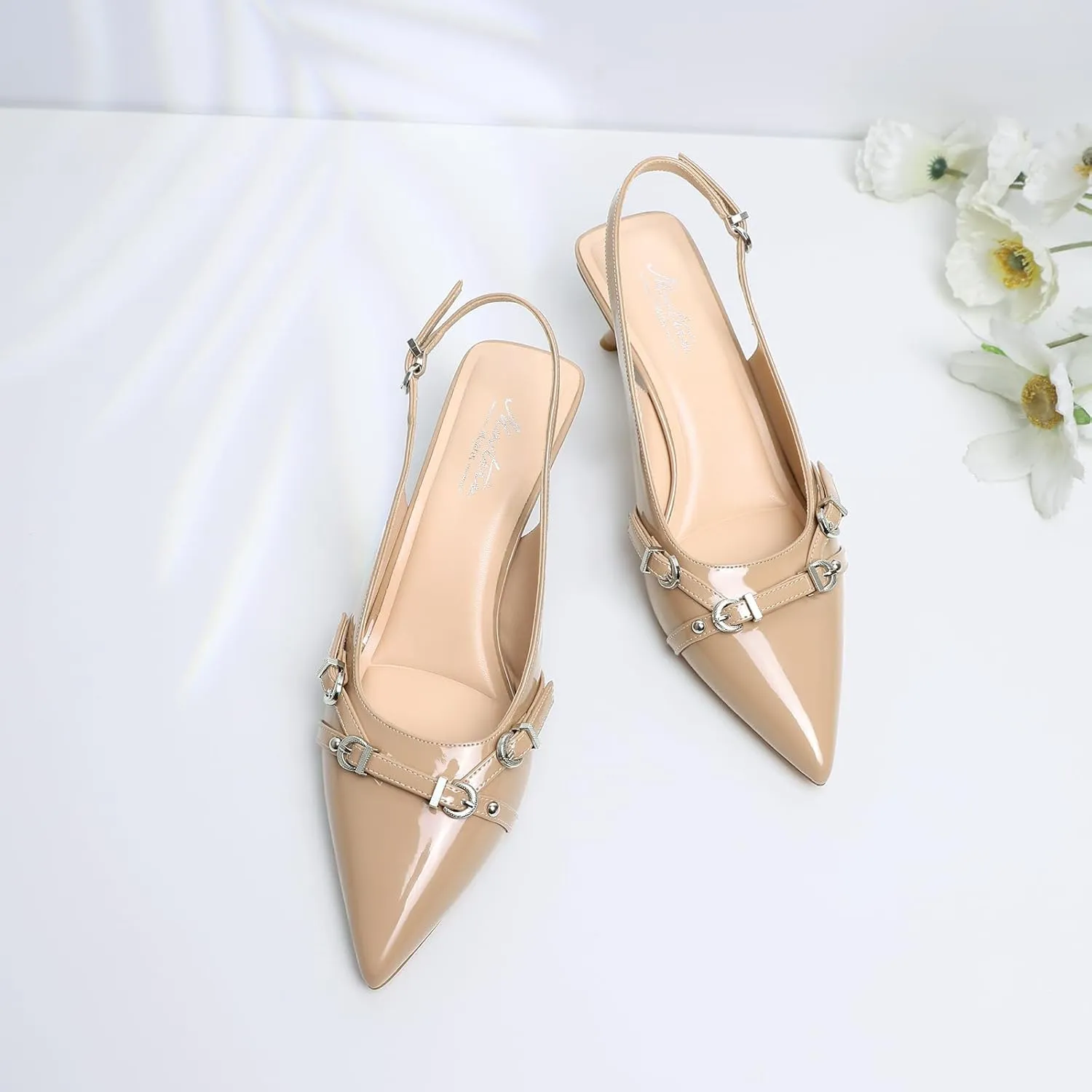Mostrin Kitten Heels for Women Pointed Toe Pumps Patent Leather Low Heel Slingback Heels with Buckle Dress Shoes for Dating Party Working