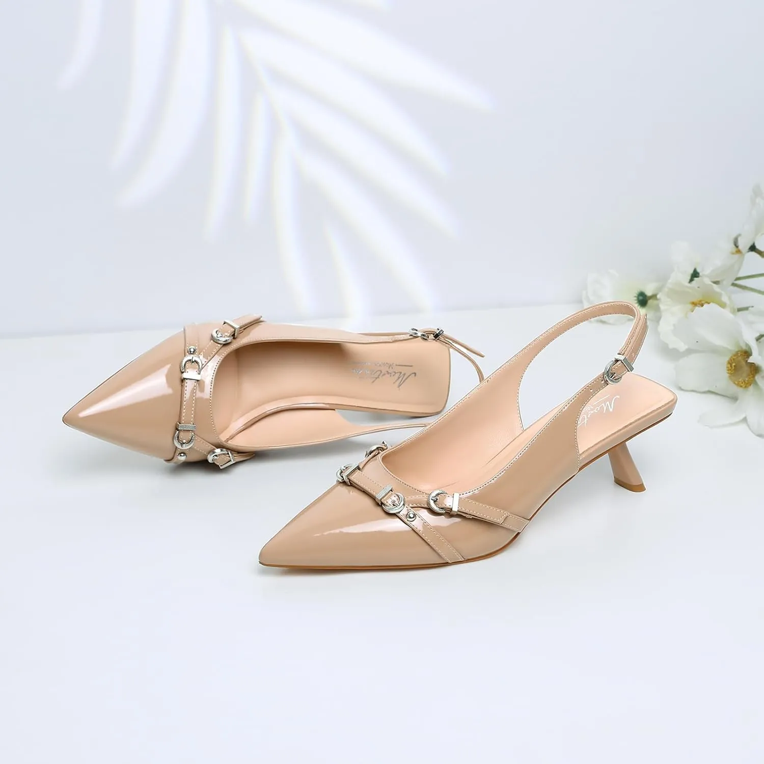 Mostrin Kitten Heels for Women Pointed Toe Pumps Patent Leather Low Heel Slingback Heels with Buckle Dress Shoes for Dating Party Working