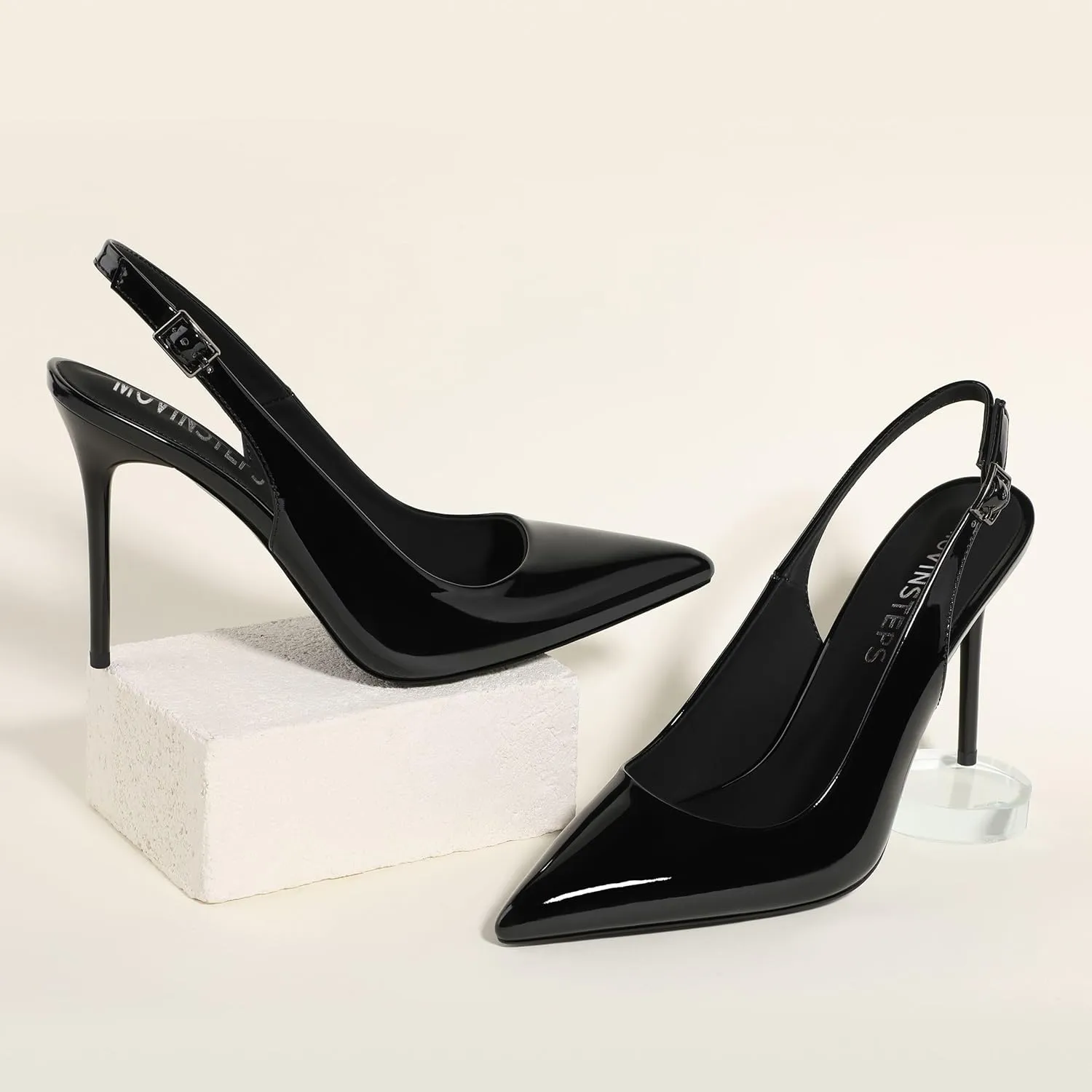 MOVINSTEPS Slingback Heels for Women Pumps Pointed Closed Toe Buckle Sexy Stiletto High Heels Prom Office Work Wedding Fashion Elegant Dressy Shoes 4 Inch