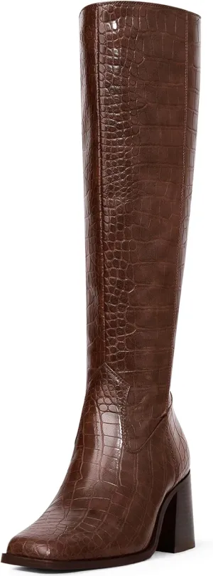 MUCCCUTE Brown Knee High Boots for Women - Square Toe Chunky Block Heel Boots with Side Zipper Pull On PU Tall Boot Crocodile Pattern US Size 10