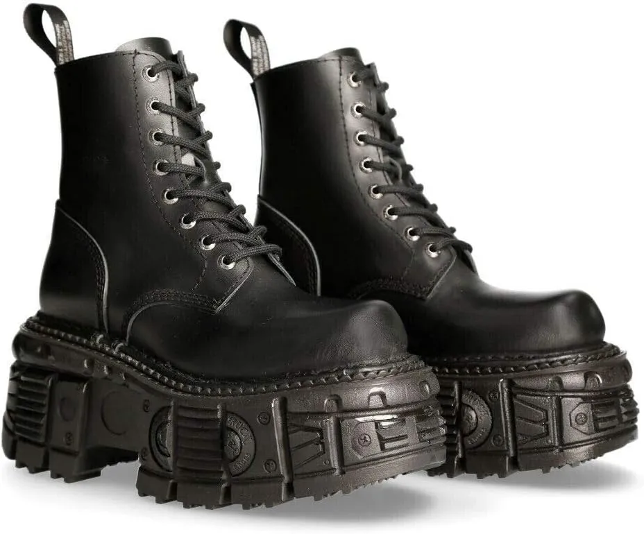 New Rock Boots M-MILI084N-S5 Unisex Metallic Black 100% Leather Platform Military Eyelet Fastening