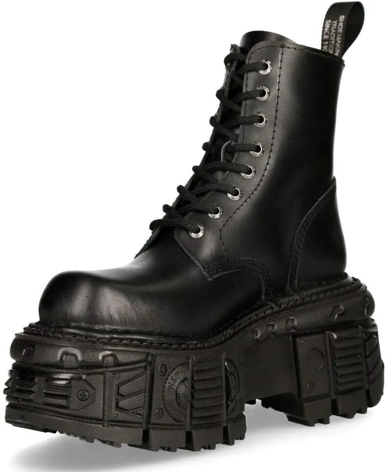 New Rock Boots M-MILI084N-S5 Unisex Metallic Black 100% Leather Platform Military Eyelet Fastening