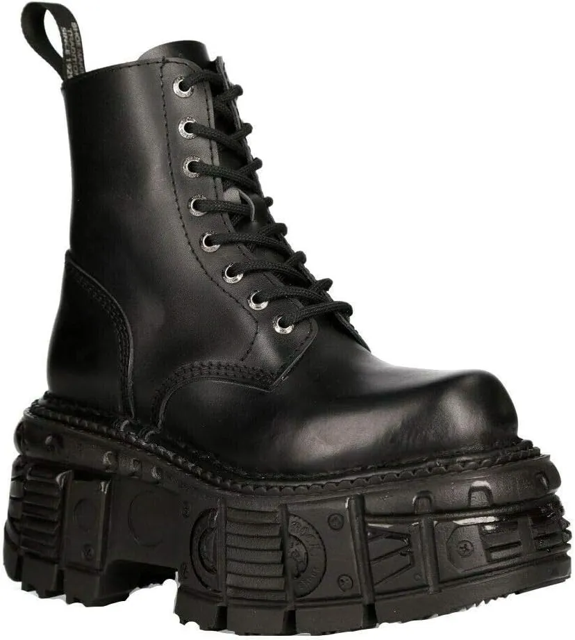 New Rock Boots M-MILI084N-S5 Unisex Metallic Black 100% Leather Platform Military Eyelet Fastening